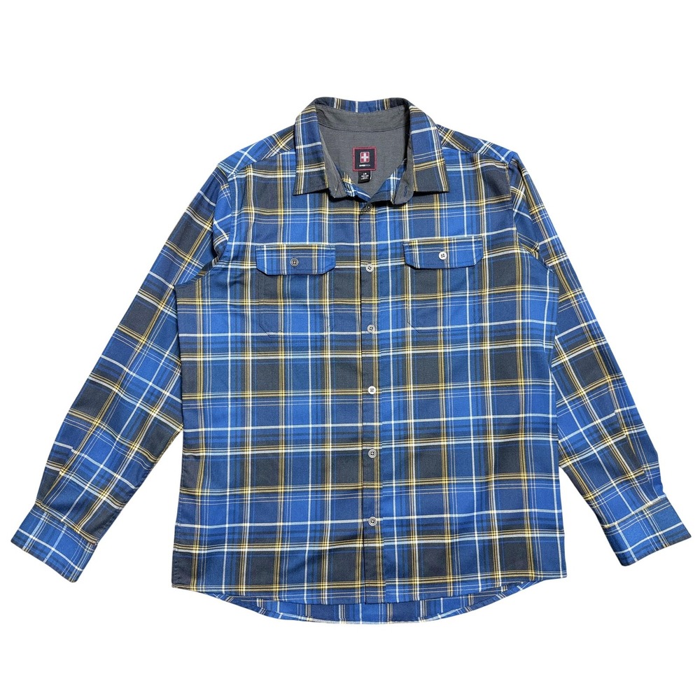 Swiss Tech Shirt Mens Large Blue Canoe Plaid Long Sleeve Snap Front Stretch